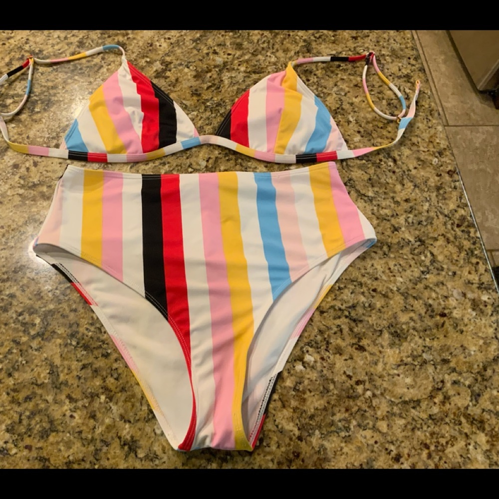 Forever 21 Rainbow High Waisted Bikini XL Top, L Bottoms